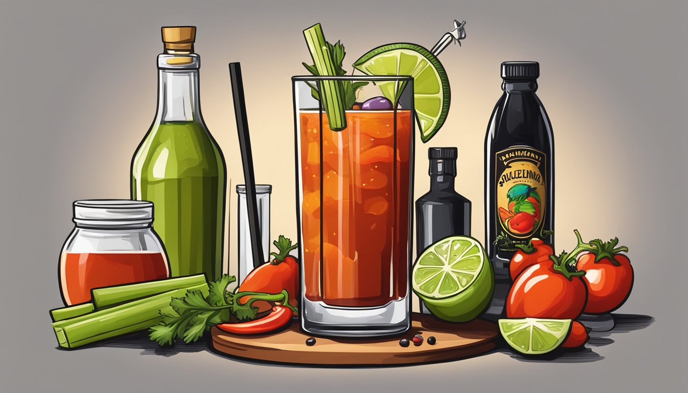 A glass filled with a spicy bloody mary cocktail, garnished with a celery stick and a skewer of olives, surrounded by bottles of Valentina Salsa Picante and other hot sauces