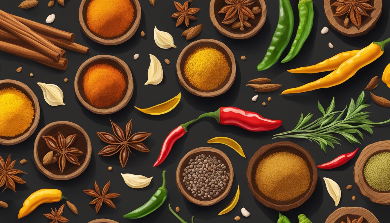 A variety of vibrant, aromatic spices arranged on a wooden cutting board, including chili peppers, turmeric, cumin, and ginger