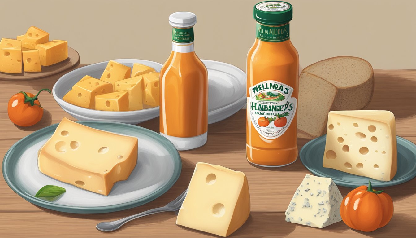 A bottle of Melinda's Original Habanero Sauce sits next to a plate of assorted cheeses, with a small dollop of sauce on top of each cheese slice