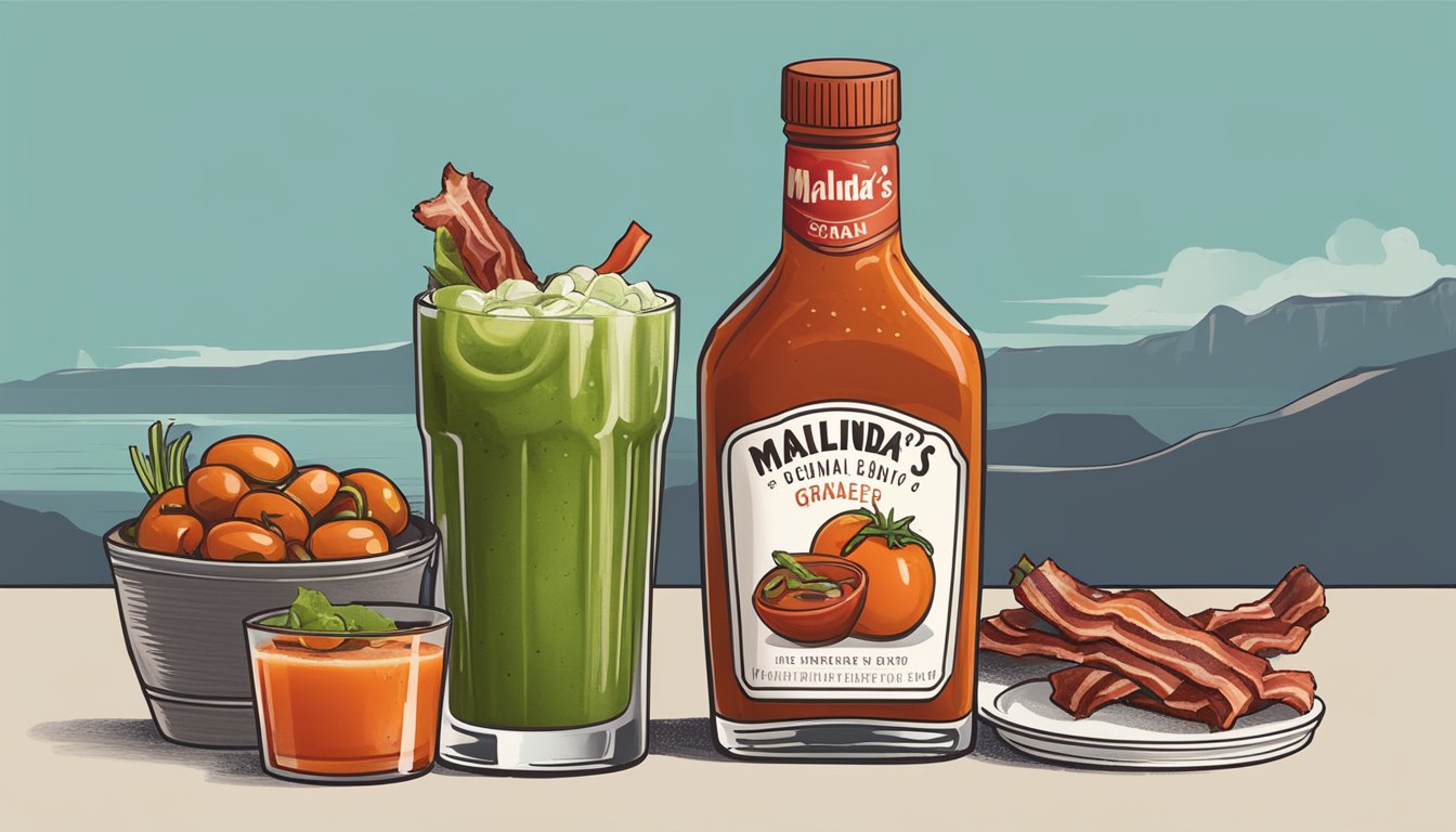 A bottle of Melinda's Original Habanero Sauce sits next to a perfectly garnished bloody mary, with celery, olives, and a crisp strip of bacon