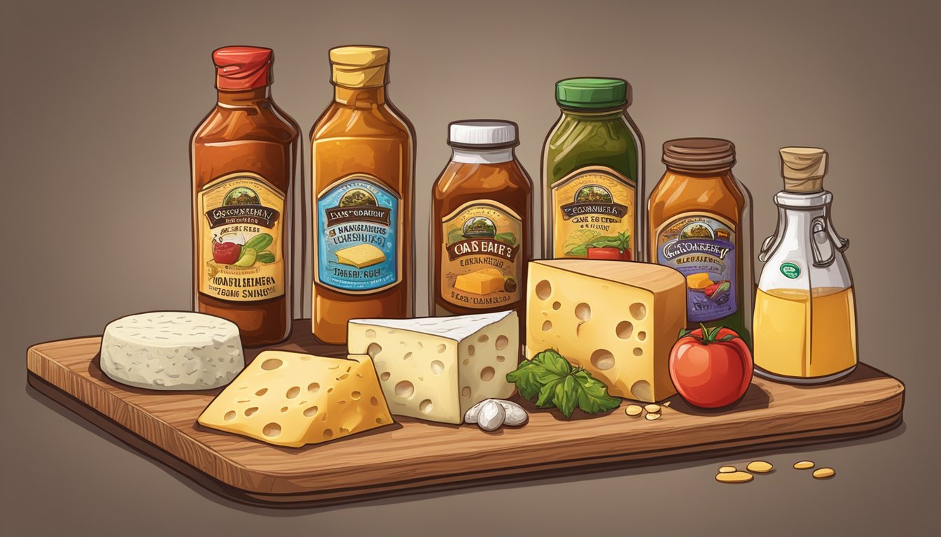 A bottle of Dave's Gourmet Insanity Sauce surrounded by various types of cheese on a wooden cutting board