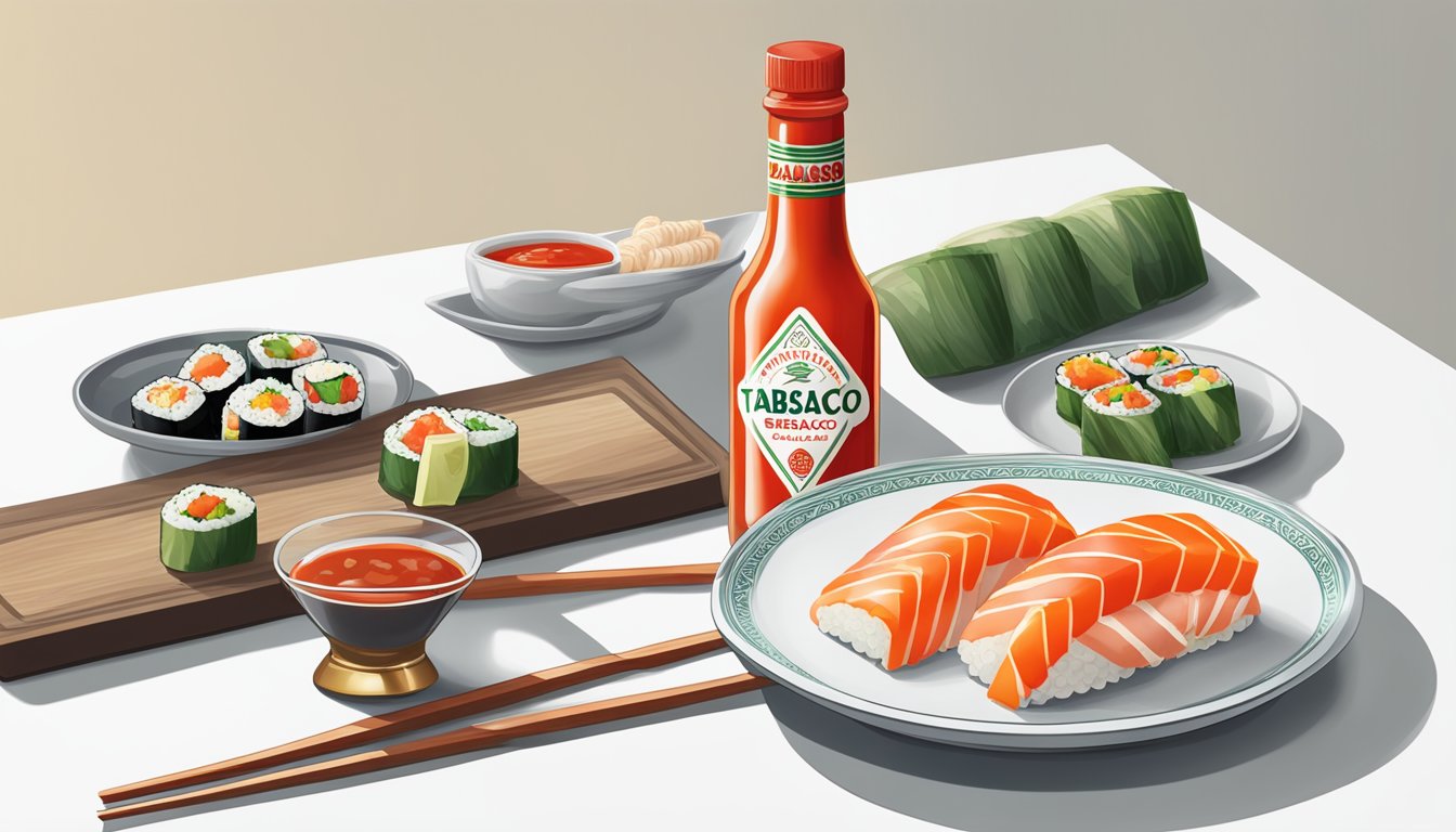 A bottle of Tabasco Sriracha sauce and a plate of sushi on a clean, white table