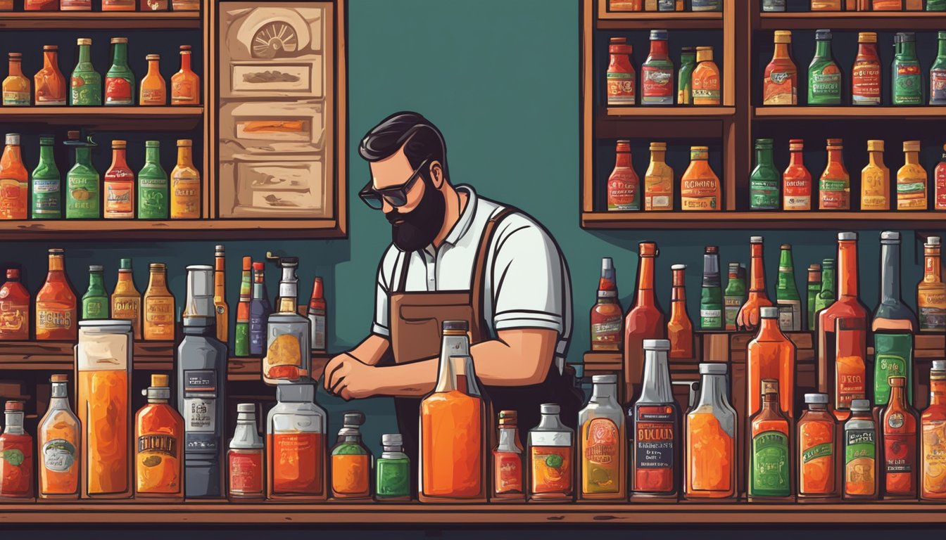 A bartender carefully selects and mixes various hot sauces to create the perfect flavor profile for a bloody mary