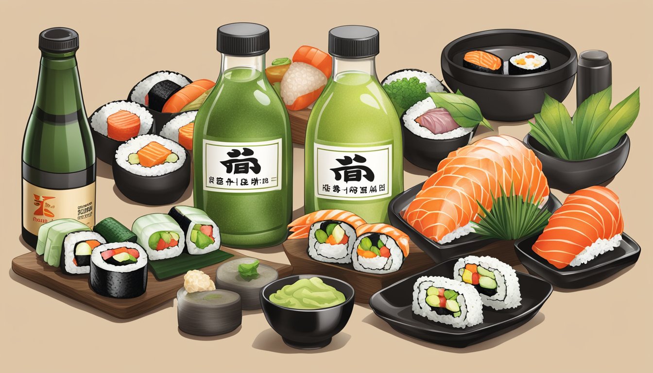 A bottle of Kikkoman Wasabi Sauce surrounded by various types of sushi