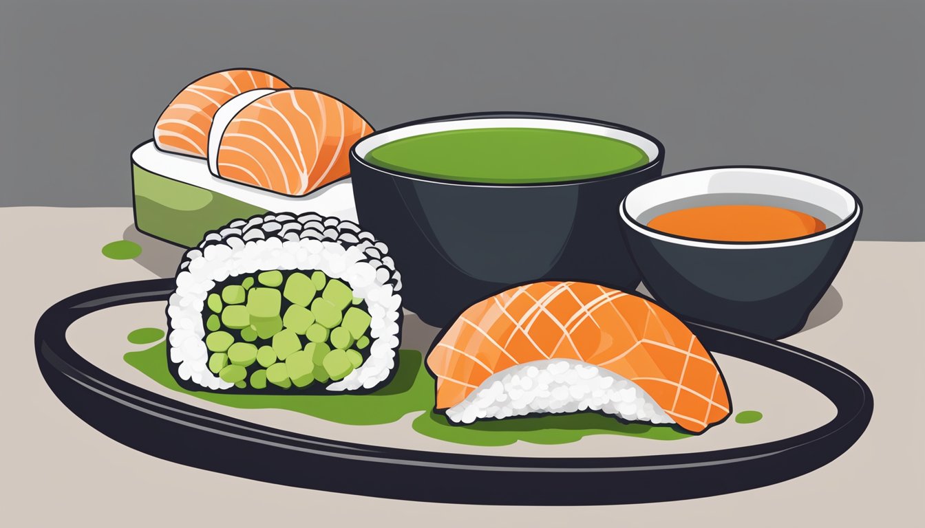 A tube of S&B Wasabi sits next to a plate of sushi, with a dollop of the spicy green paste on top of a piece of nigiri