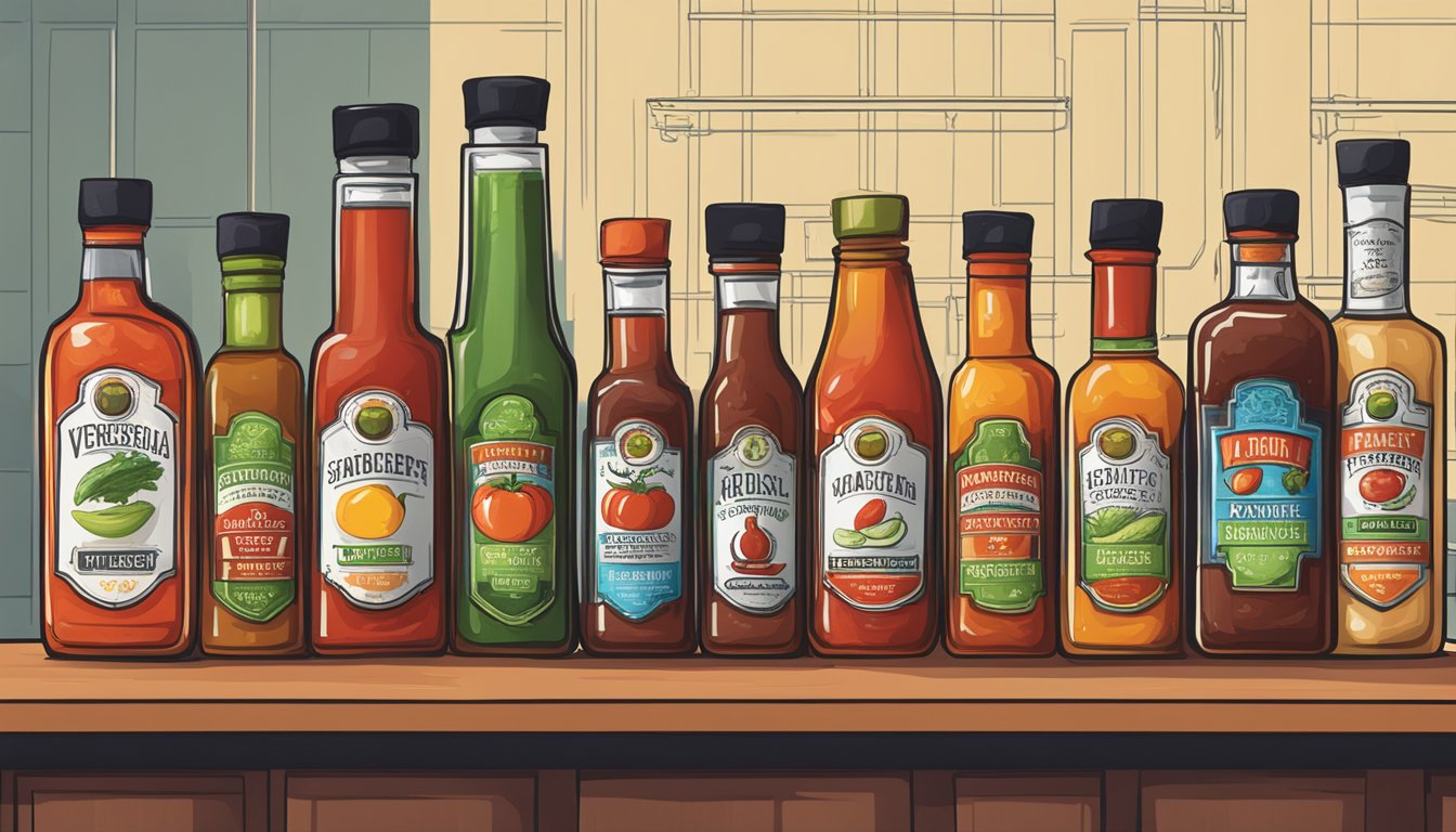 A variety of hot sauces arranged next to tomatoes, celery, Worcestershire sauce, and vodka on a bar counter