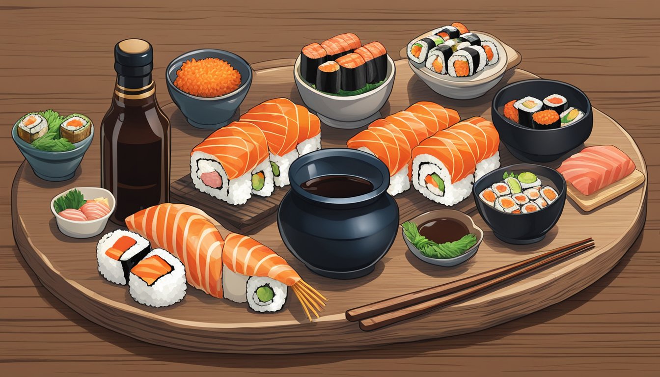 A bottle of Yamasa soy sauce surrounded by various types of sushi on a wooden serving platter