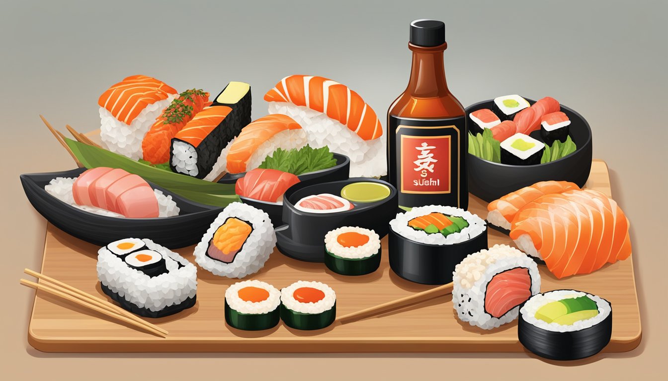 A bottle of Mizkan Sushi Su surrounded by various types of sushi and hot sauce bottles on a wooden sushi board