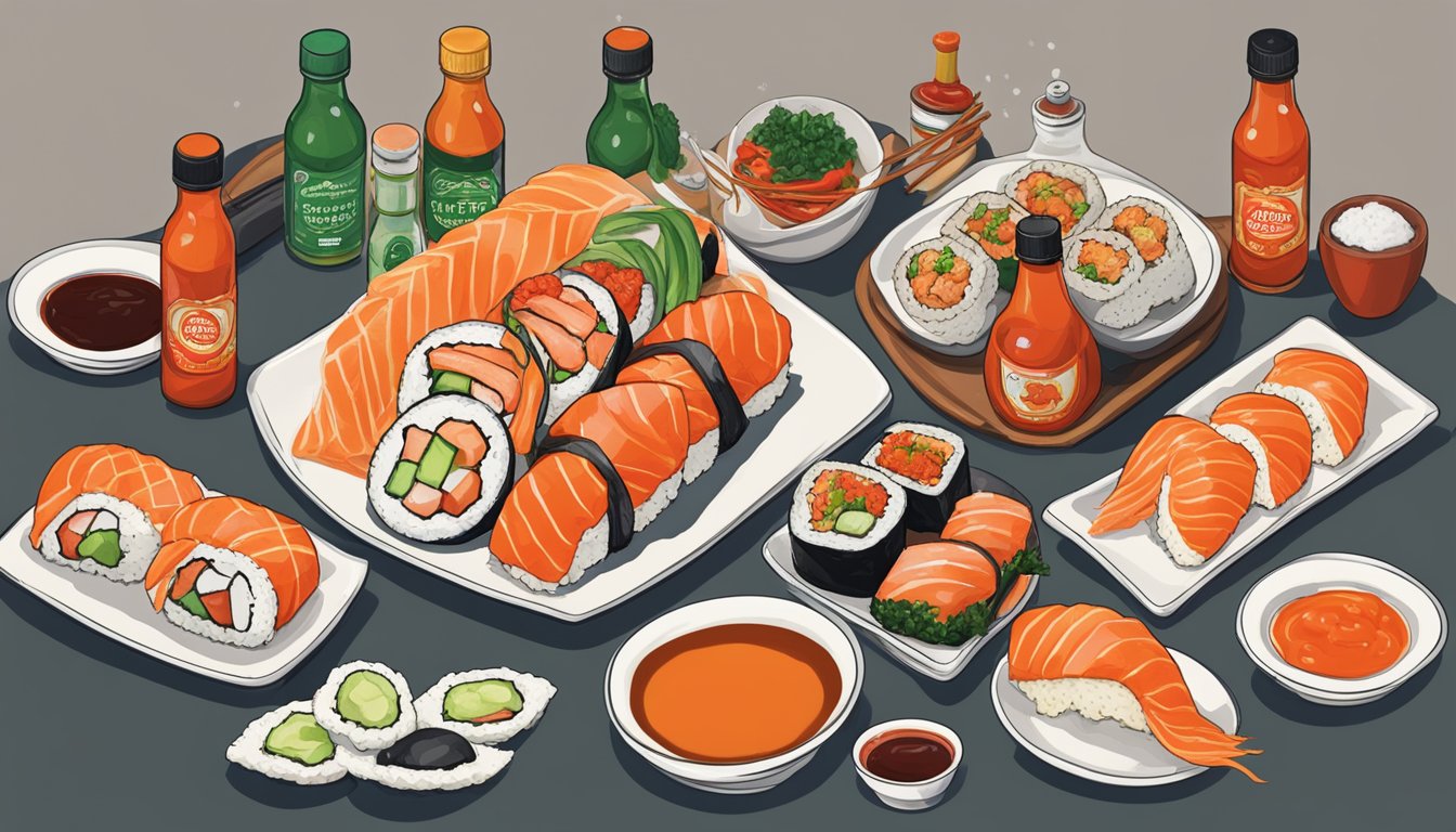 A bottle of Flying Goose Sriracha hovers over a plate of sushi, surrounded by other hot sauce bottles