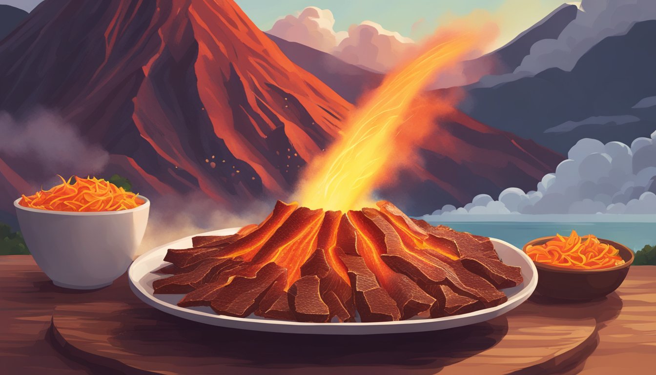 A sizzling volcano erupts with fiery red beef jerky