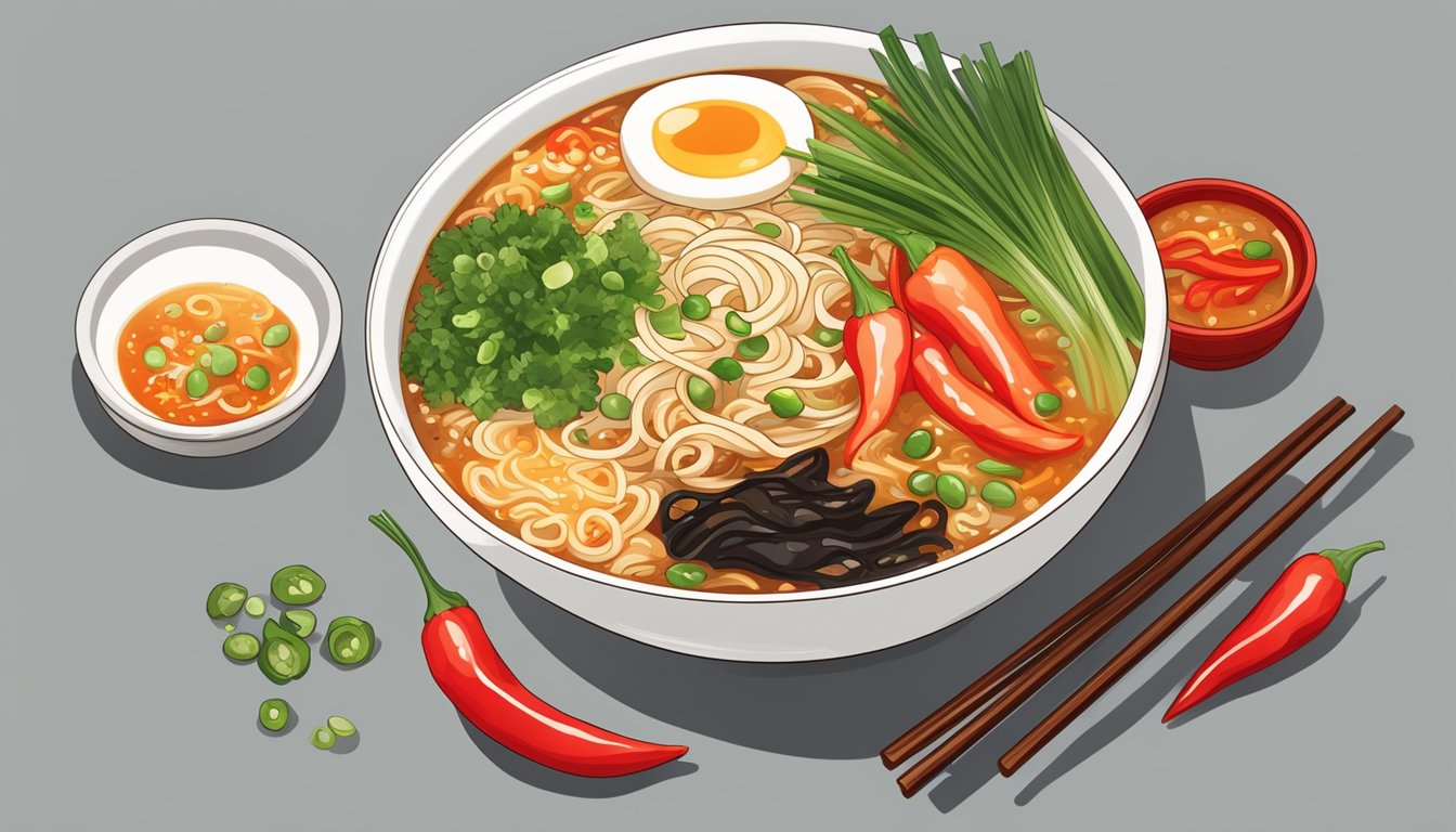 A steaming bowl of spicy miso ramen with chili peppers and green onions