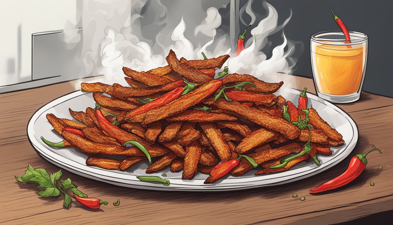 A steaming plate of atomic buffalo strips with fiery red chili peppers scattered around