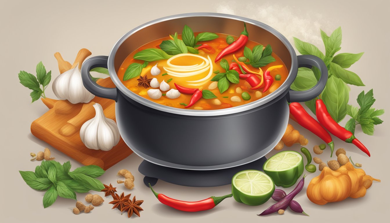 A steaming pot of spicy soup surrounded by colorful ingredients like chili peppers, garlic, ginger, and various herbs and spices