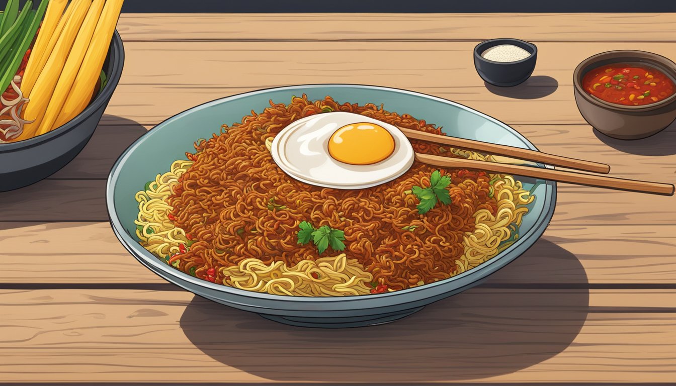 A steaming bowl of Indomie Mi Goreng Pedas, topped with sliced chili and a sprinkle of spices, sits on a wooden table