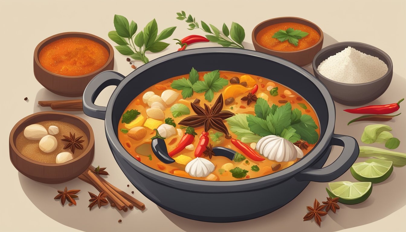 A steaming pot of spicy soup surrounded by various cultural ingredients and spices