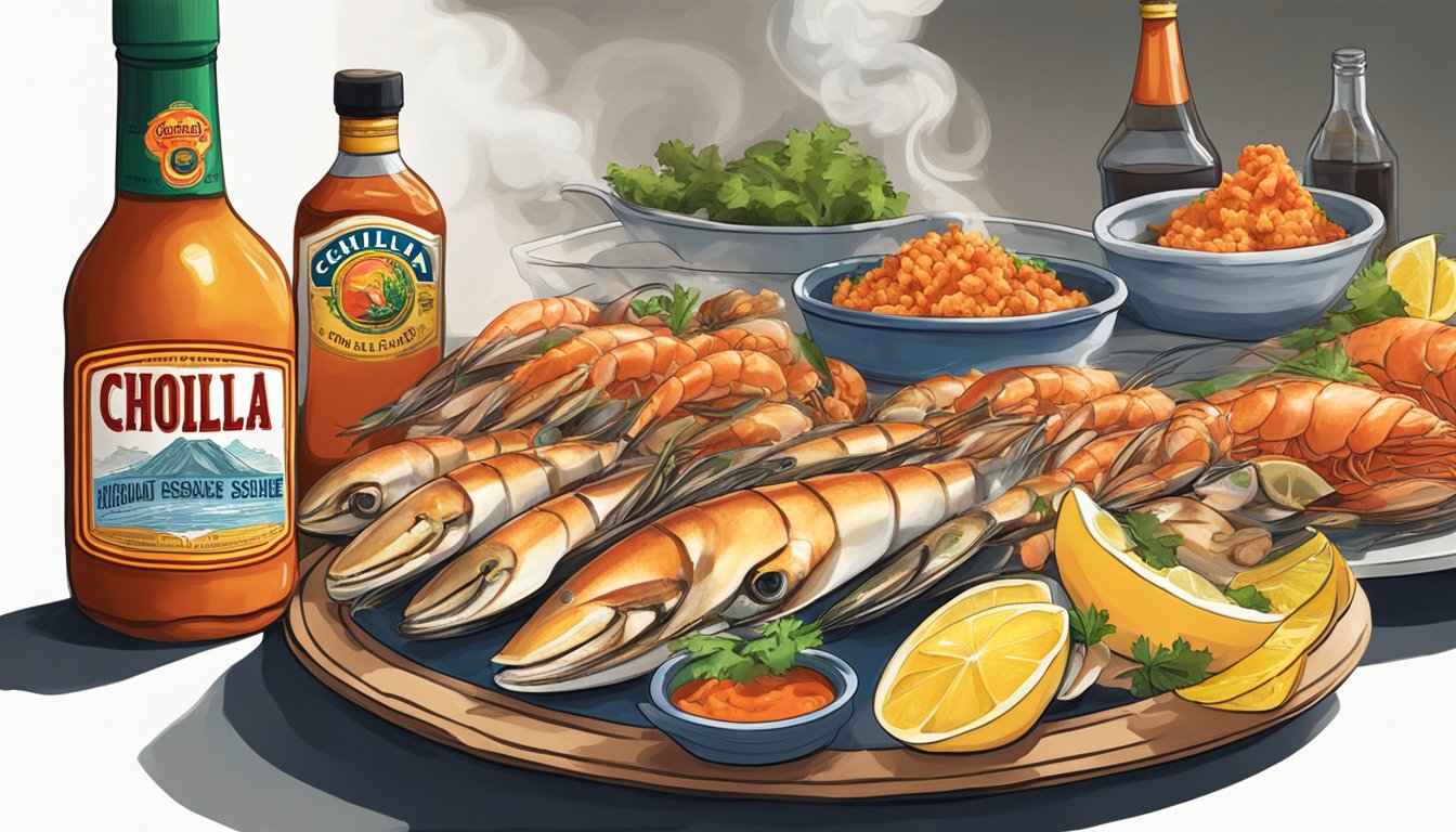 A steaming plate of seafood with a bottle of Cholula Original Hot Sauce nearby