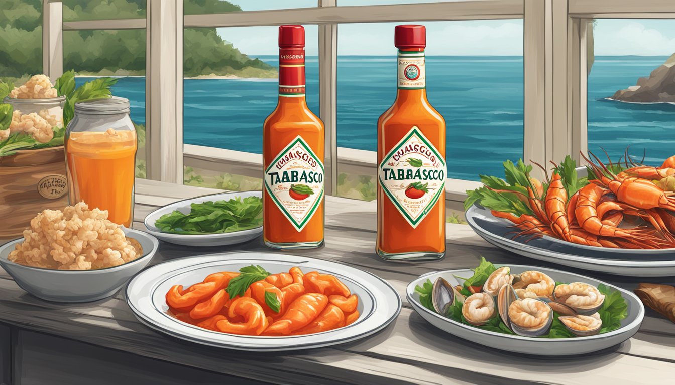 A bottle of Tabasco Habanero Sauce next to a platter of seafood