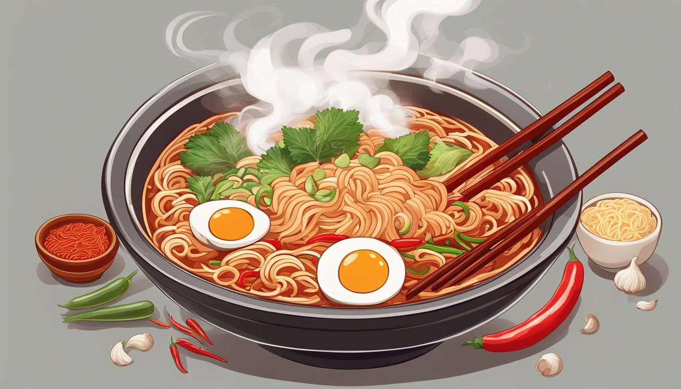 A steaming bowl of fiery red ramen, surrounded by chili peppers and garlic cloves, emitting a tantalizing aroma