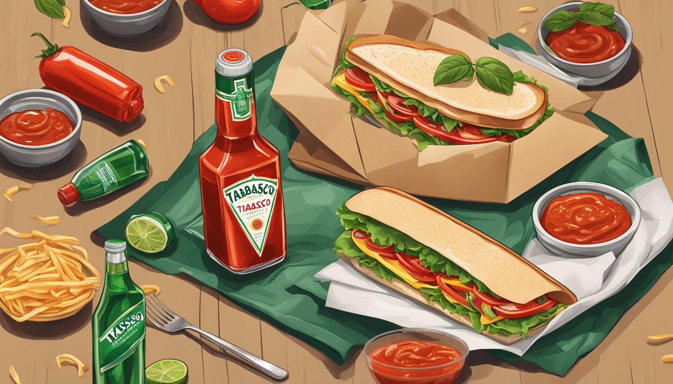 A sandwich and wrap surrounded by bottles of Tabasco Original Red Sauce