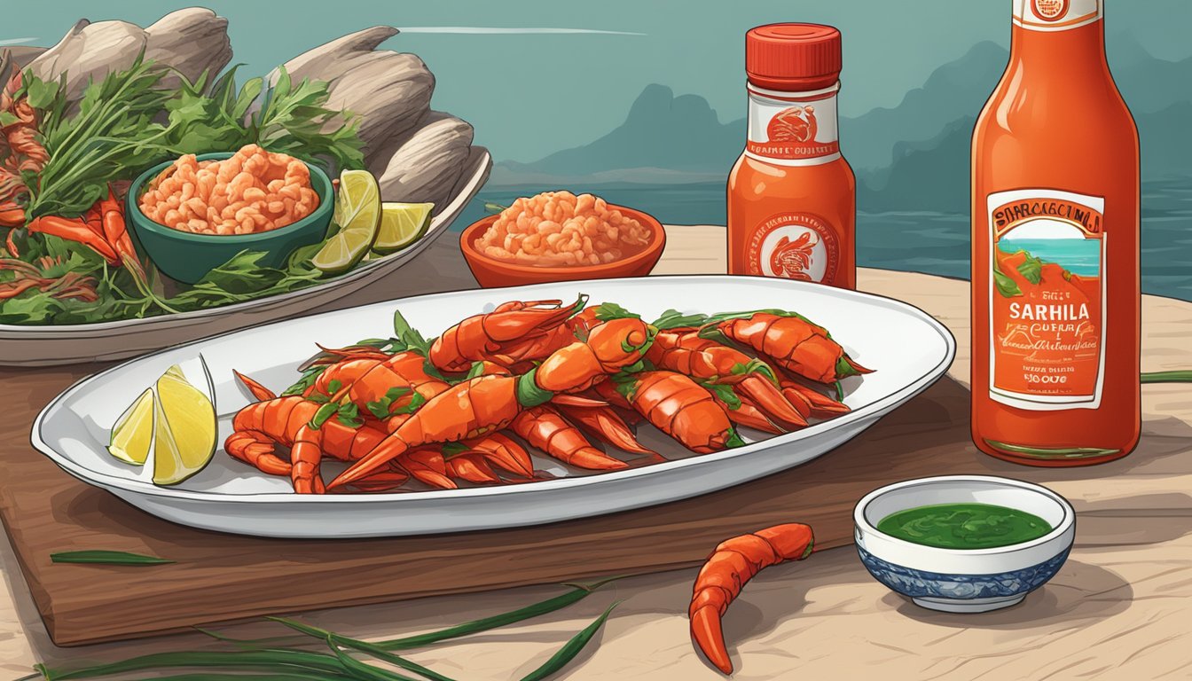 A bottle of Sriracha hot chili sauce next to a platter of seafood