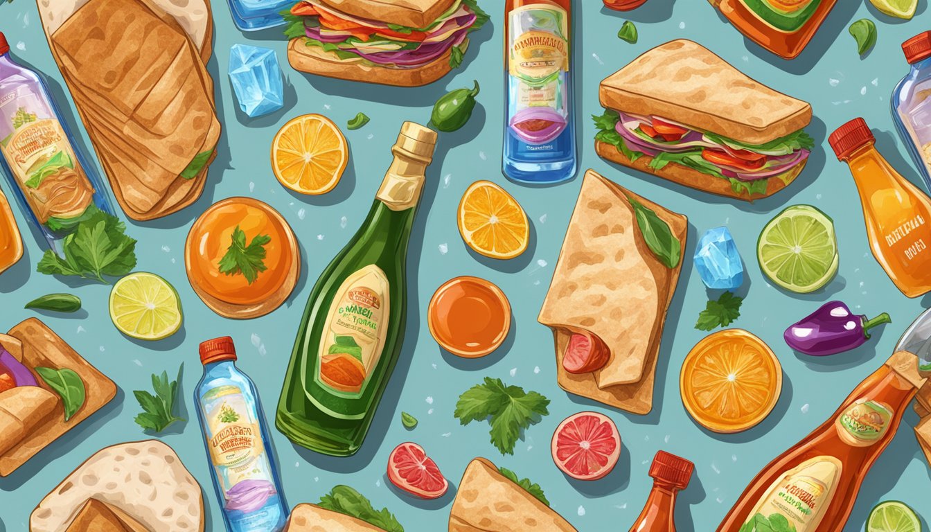 A sandwich and wrap surrounded by bottles of Crystal Hot Sauce