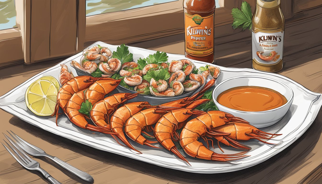 A bottle of Kilwin's Cayenne Pepper Sauce sits next to a platter of seafood, with a splash of sauce drizzled over the dish