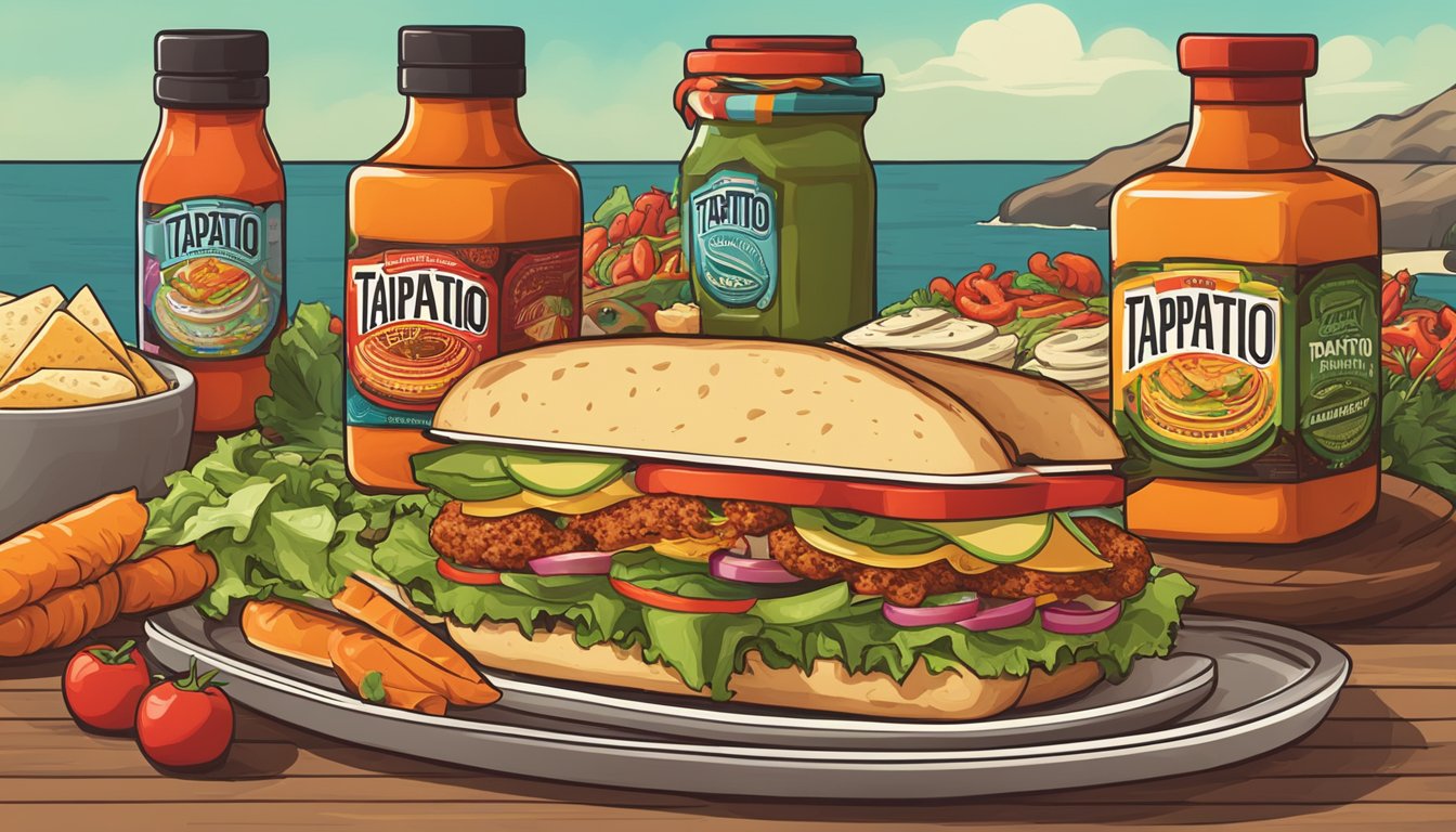 A bottle of Tapatío Hot Sauce sits next to a variety of sandwiches and wraps, with vibrant colors and fresh ingredients