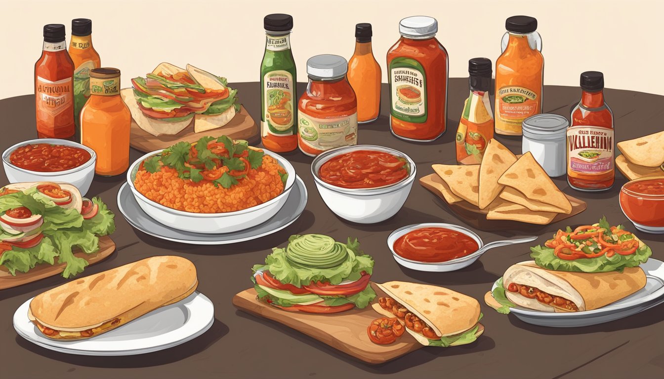 A table spread with various sandwiches and wraps, each adorned with a dollop of Valentina Salsa Picante. Bottles of hot sauce are arranged around the dishes