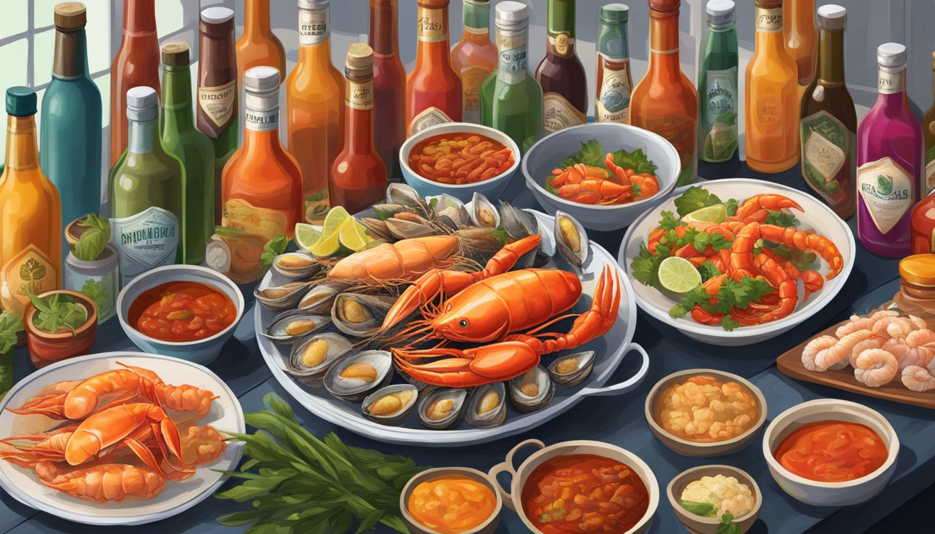 A steaming plate of seafood surrounded by vibrant bottles of hot sauce