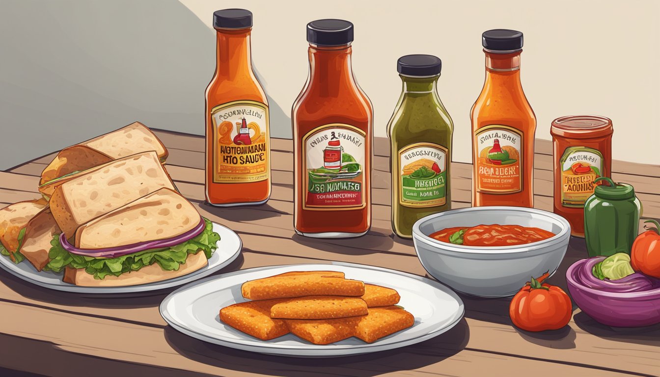 A variety of hot sauce bottles arranged next to sandwiches and wraps on a table