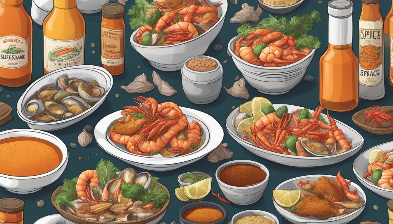 A variety of seafood dishes surrounded by different bottles of hot sauce, each labeled with a different spice level