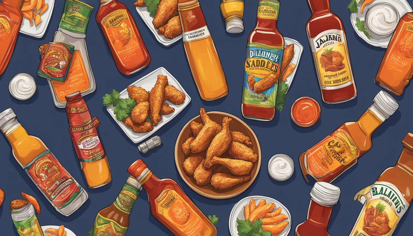 A table with a plate of chicken wings surrounded by bottles of D.L. Jardine's Blazin' Saddles hot sauces in various flavors and sizes