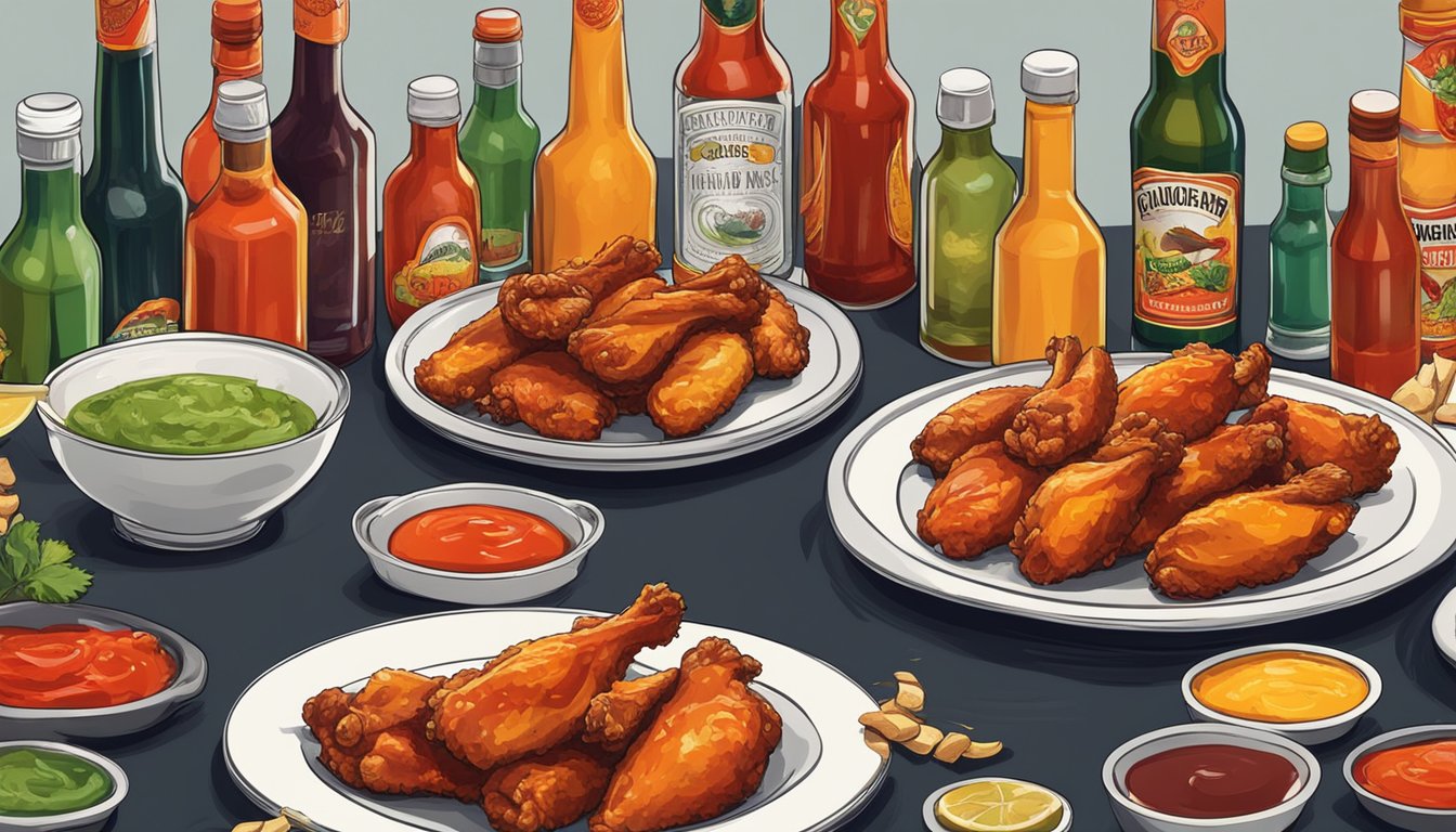 A table with a plate of chicken wings, surrounded by bottles of various hot sauces in different colors and sizes