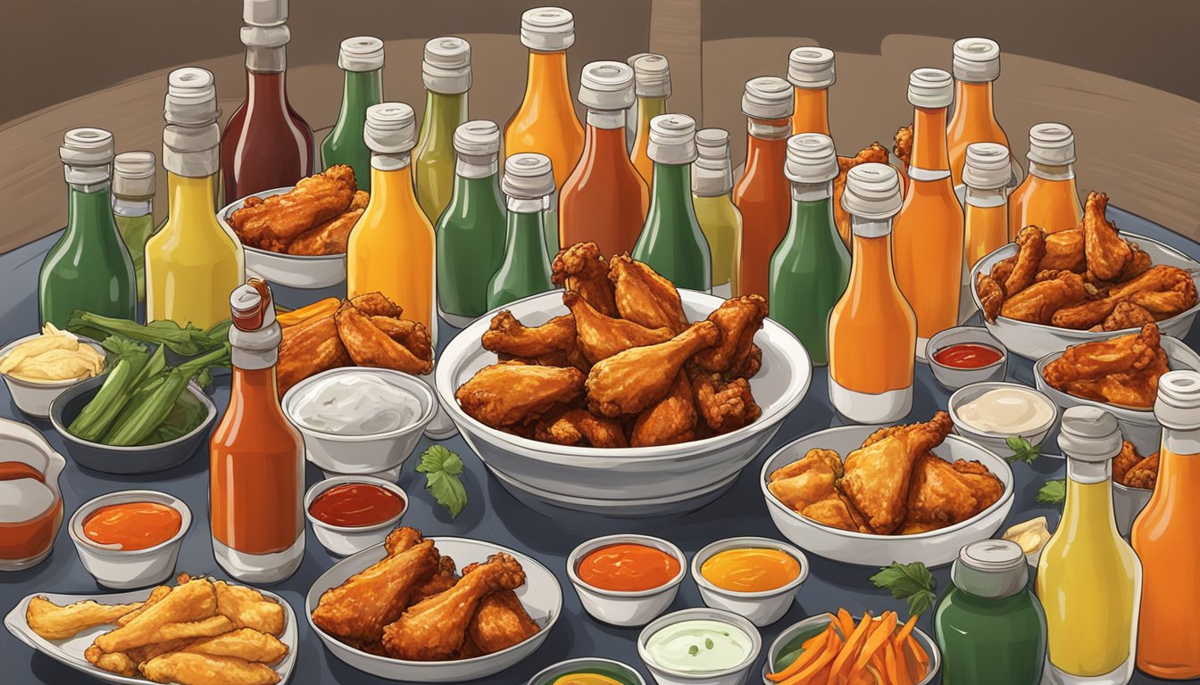 A platter of chicken wings surrounded by various hot sauce bottles of different colors and sizes