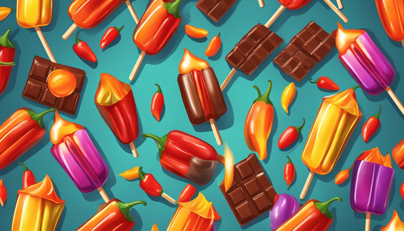 A colorful display of chili lollipops and chocolate bars, with flames and chili peppers surrounding them