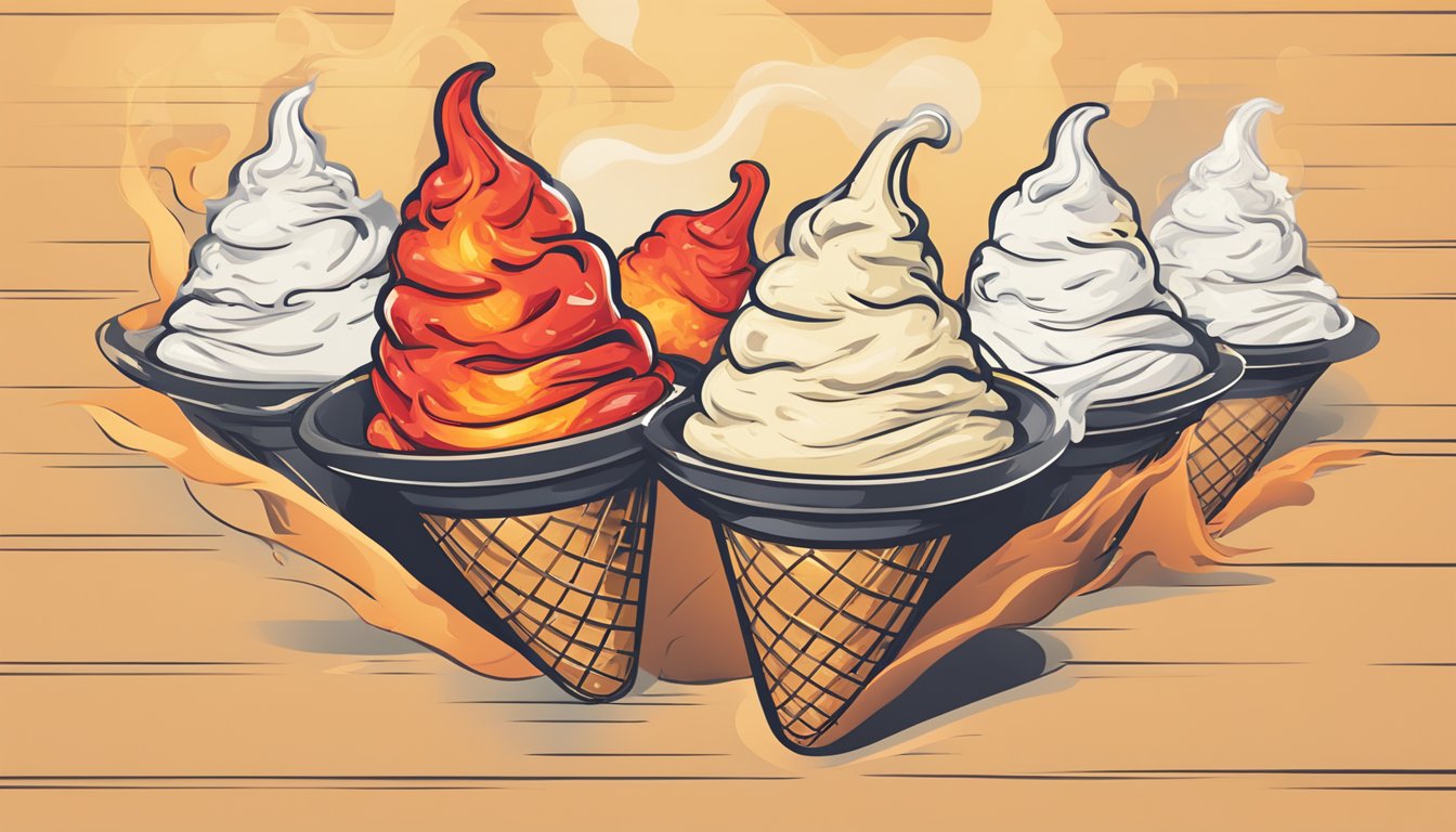 A scoop of ghost pepper vanilla ice cream melting on a cone, with steam rising and a fiery red hue