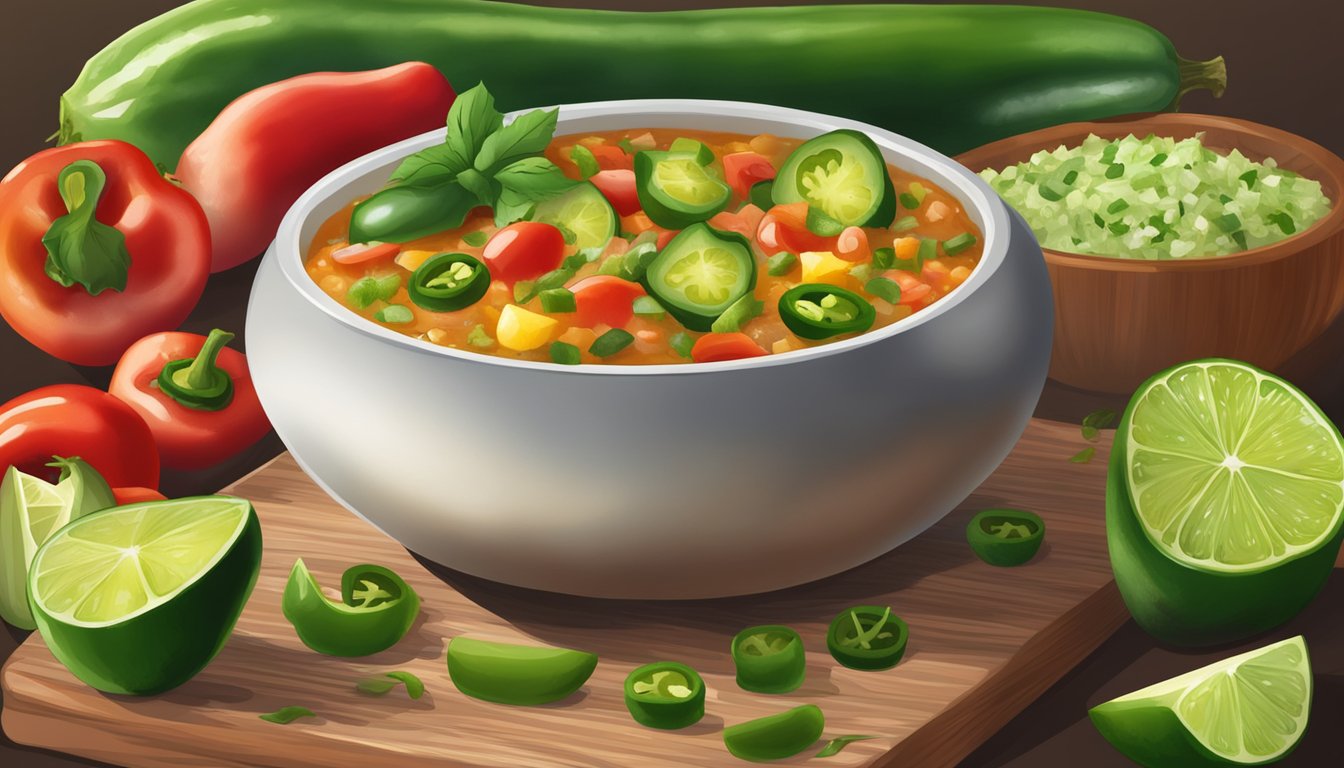 A bowl of jalapeño lime salsa surrounded by fresh ingredients and a hint of steam rising from the spicy mixture