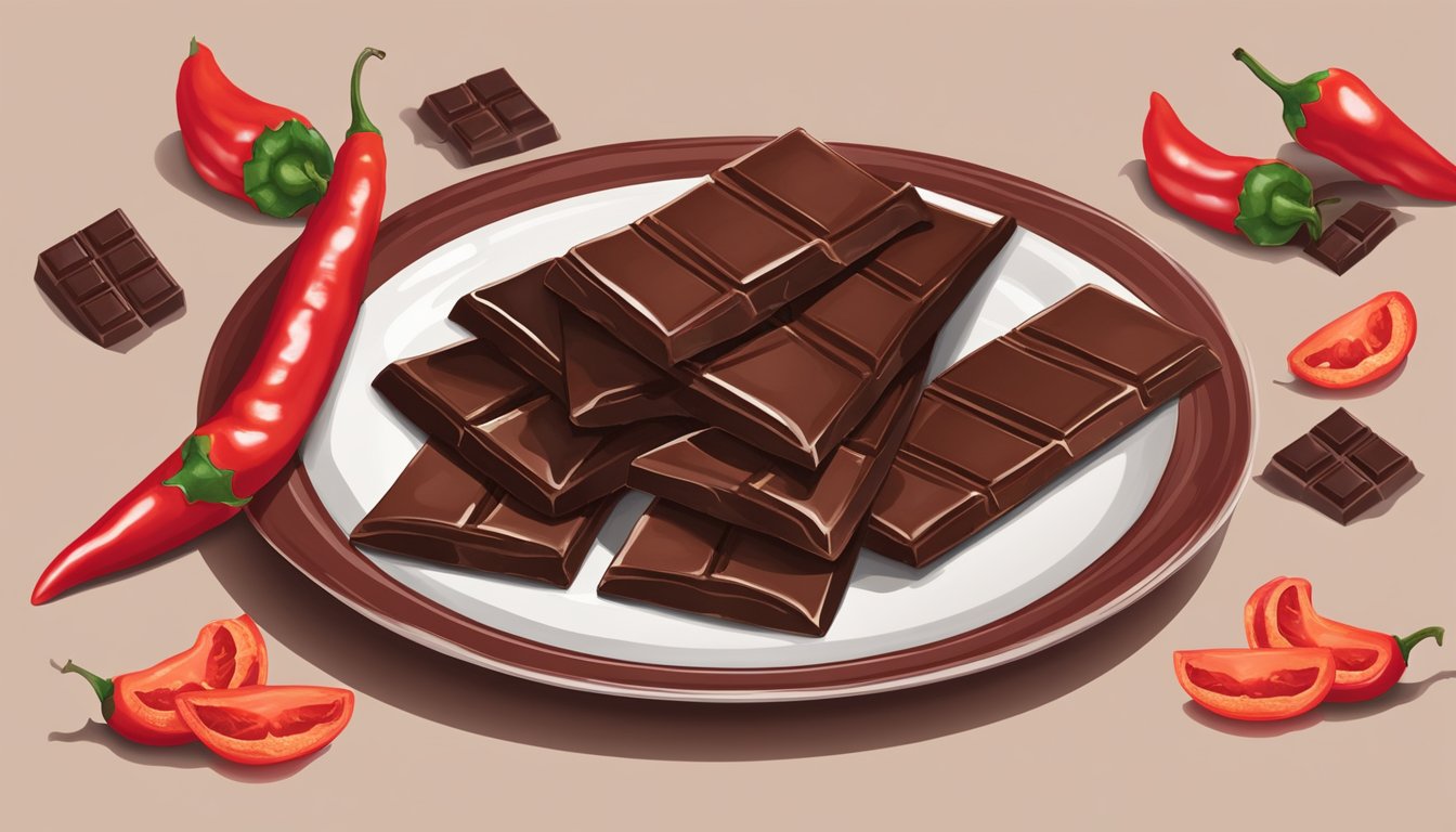 A plate of Tabasco chocolate wedges surrounded by red chili peppers and dark chocolate bars