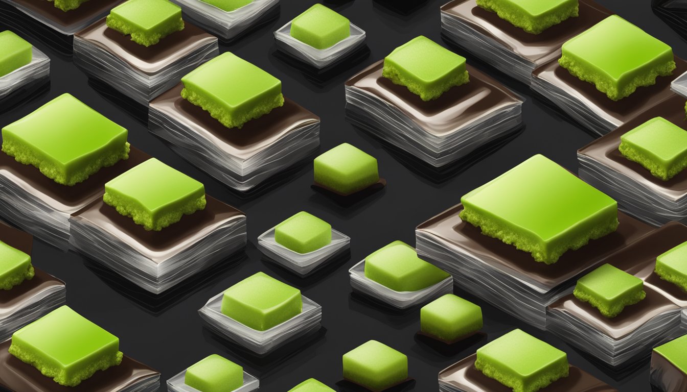 A plate of wasabi chocolate squares on a dark, glossy surface, with small flecks of green wasabi visible in the chocolate