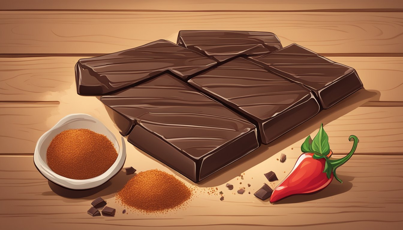 A dark chocolate bar topped with cayenne pepper flakes on a wooden cutting board