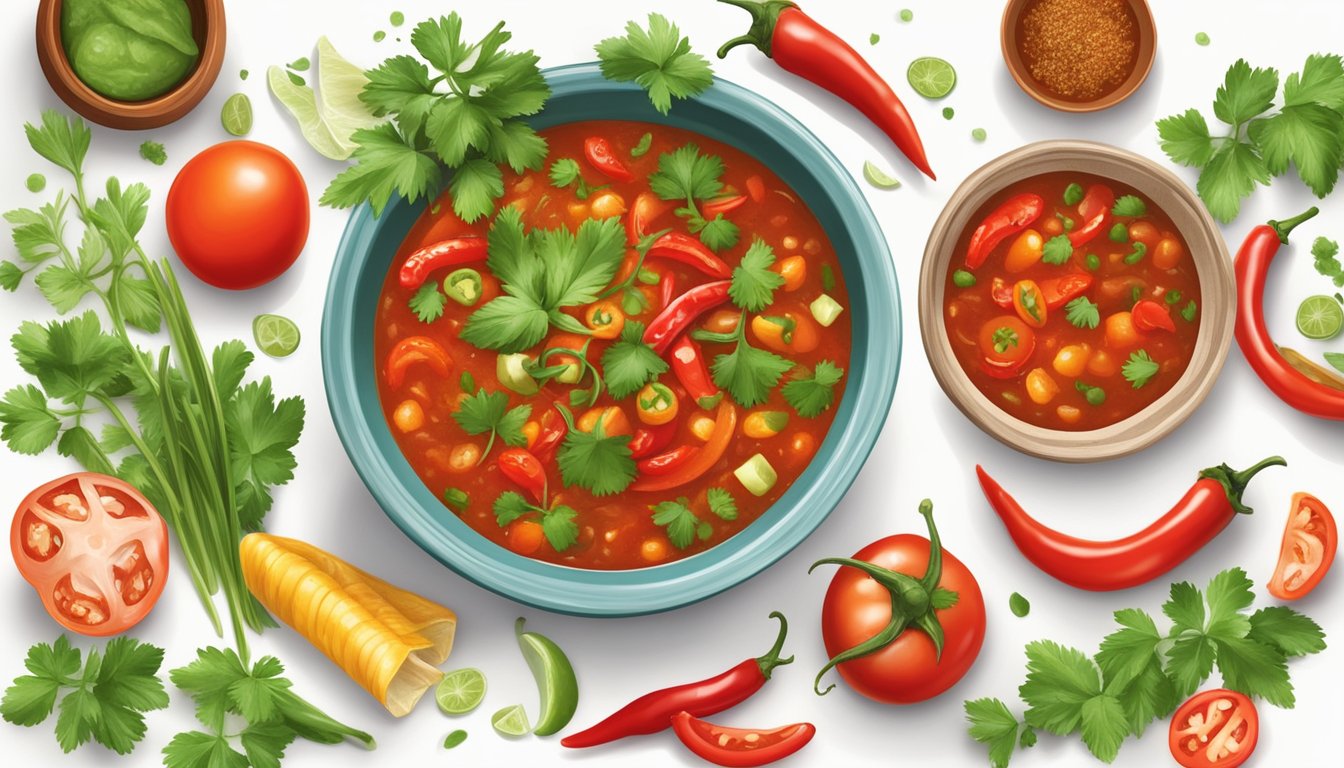 A bowl of Thai chili salsa surrounded by fresh ingredients like tomatoes, cilantro, and chili peppers, with a hint of steam rising from the spicy mixture