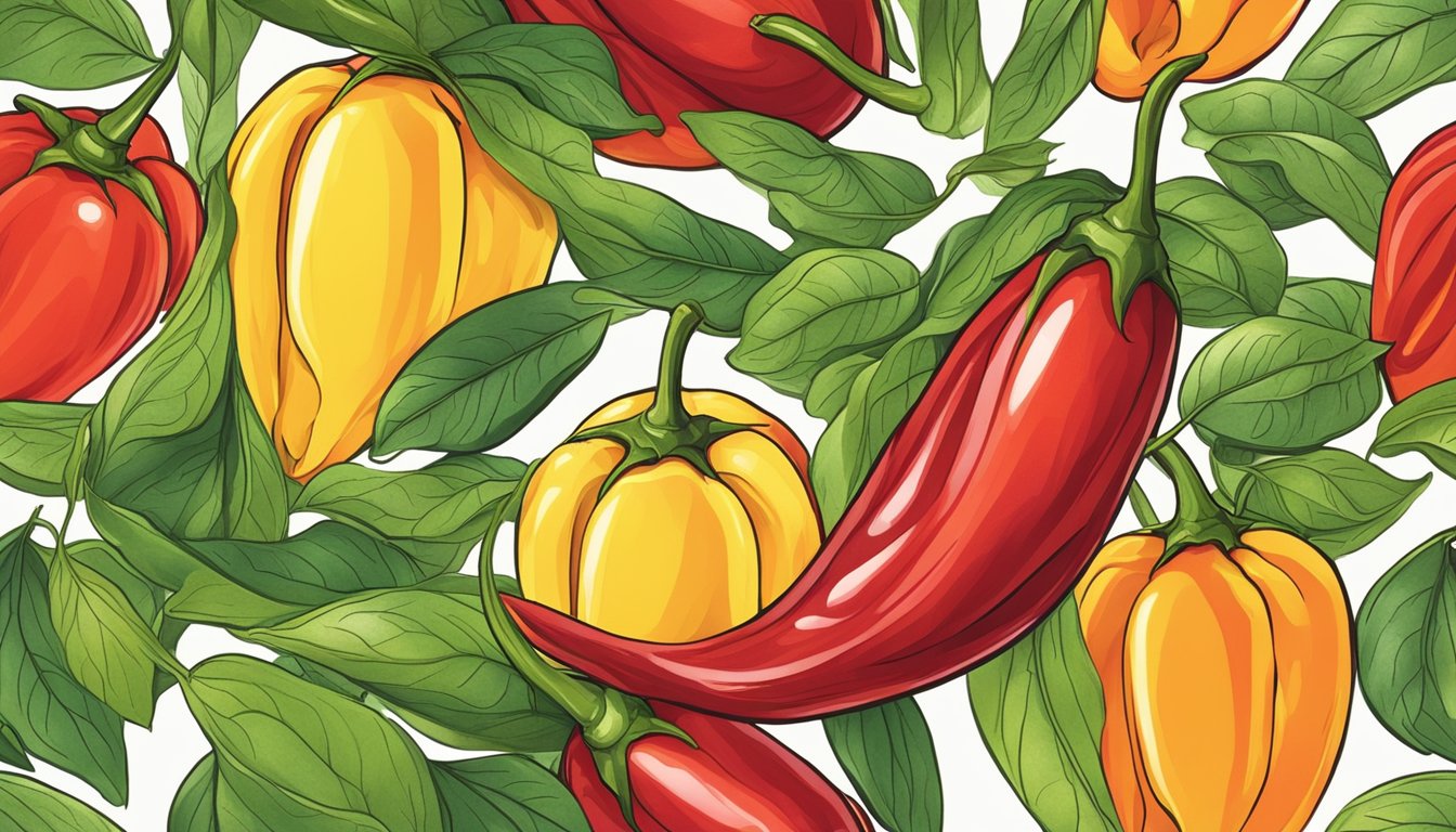 A vibrant red chili pepper sits atop a ripe mango, surrounded by swirling tendrils of steam