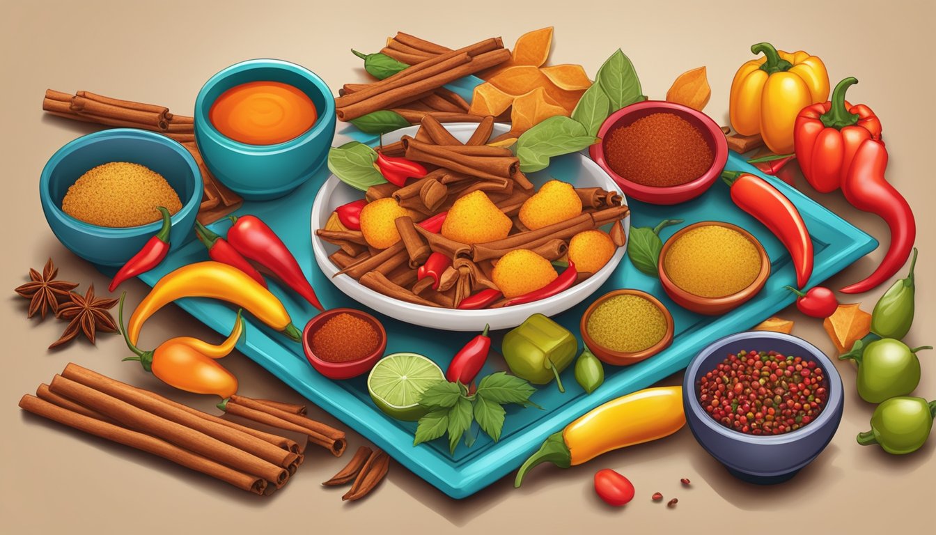 A colorful assortment of spicy sweets arranged on a vibrant platter, surrounded by chili peppers and cinnamon sticks