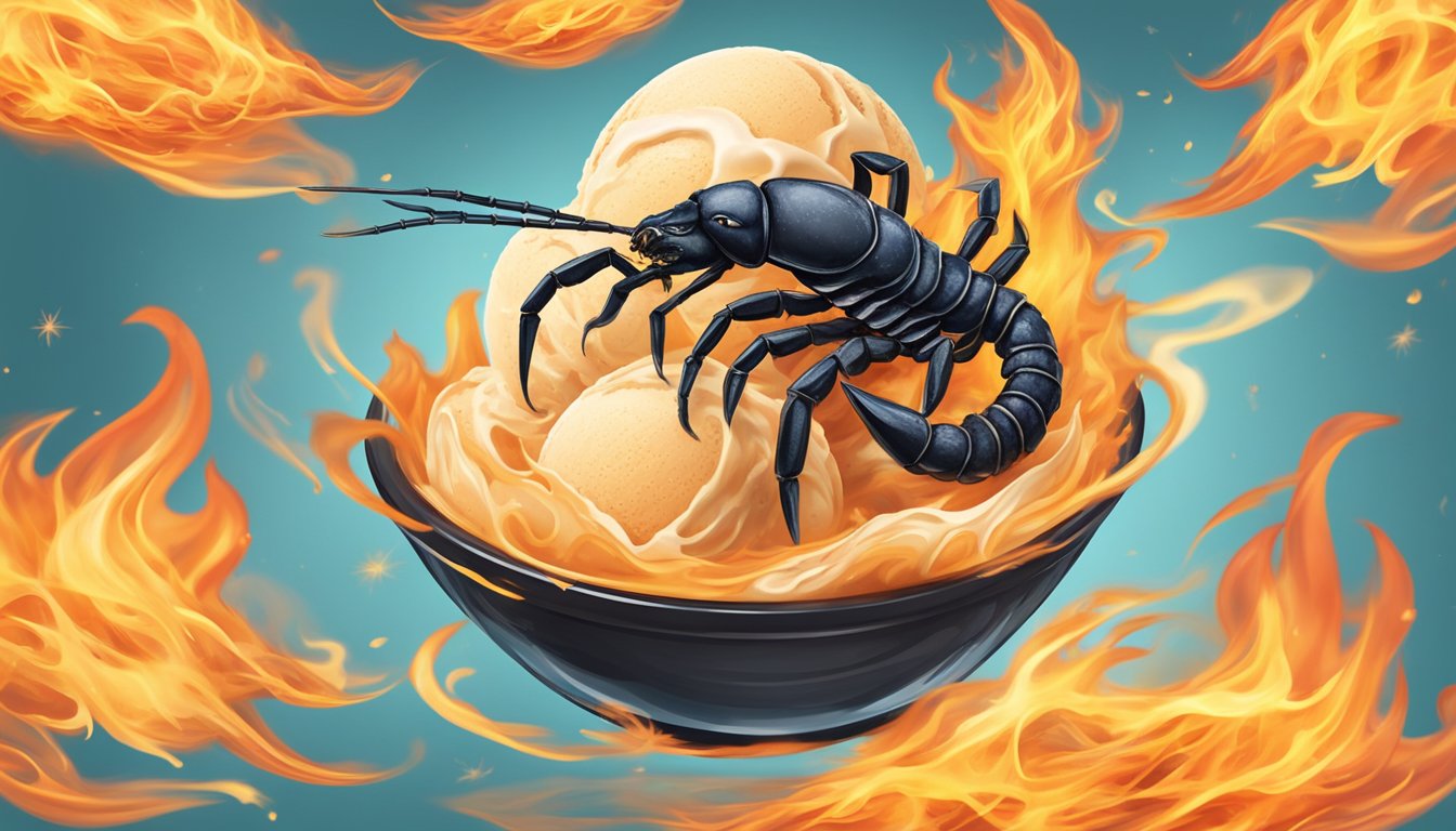 A scorpion-shaped sorbet surrounded by flames, with a trail of smoke rising from the spicy ice cream