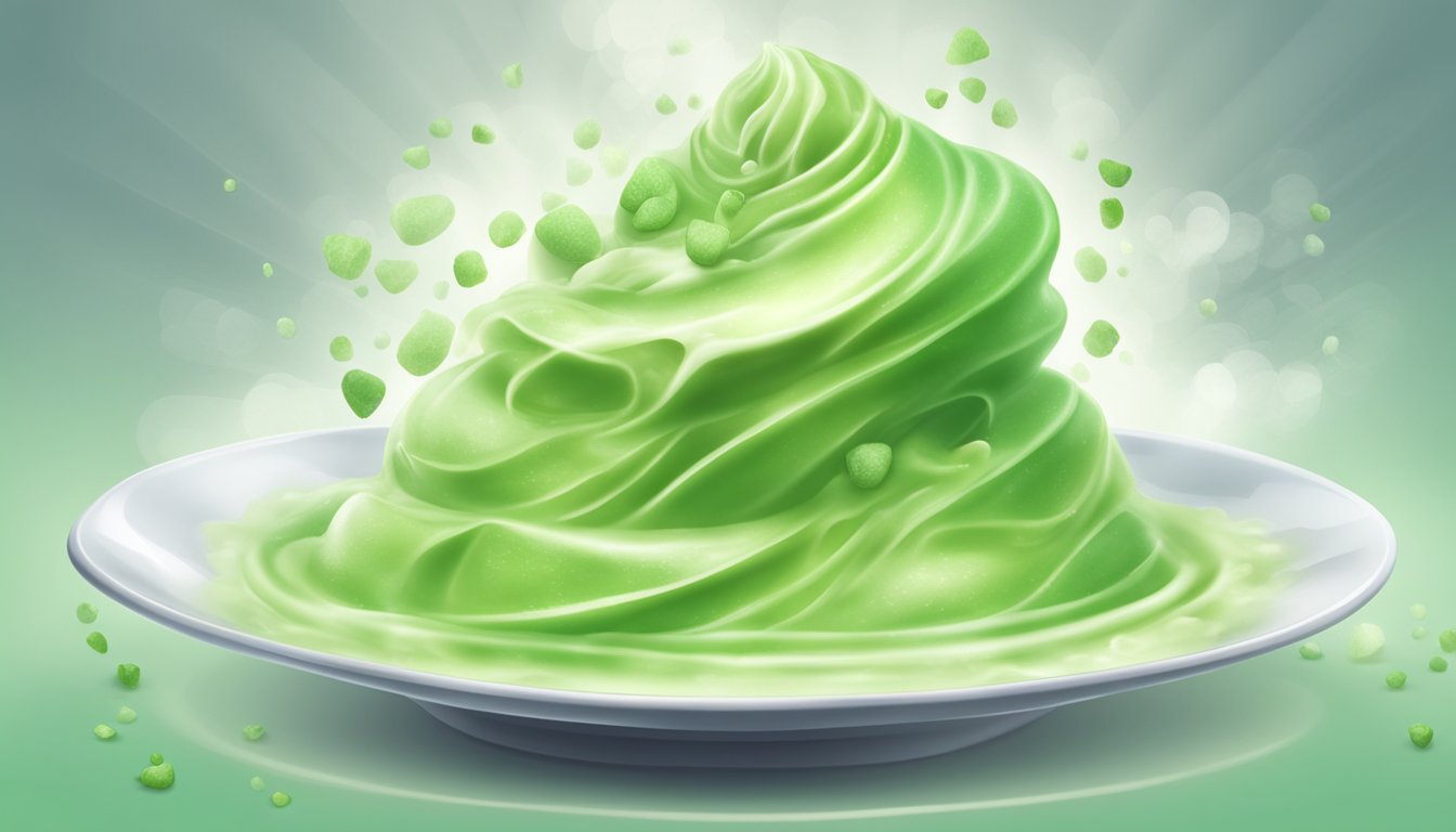 A cone of bright green wasabi ginger ice cream with steam rising