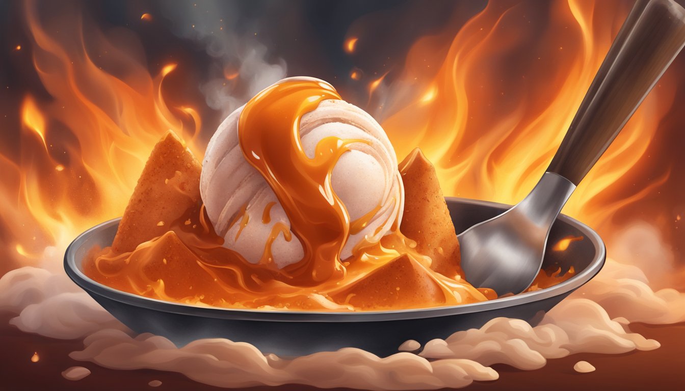 A scoop of fiery red ice cream topped with caramel and crushed cayenne pepper, surrounded by flames and smoke