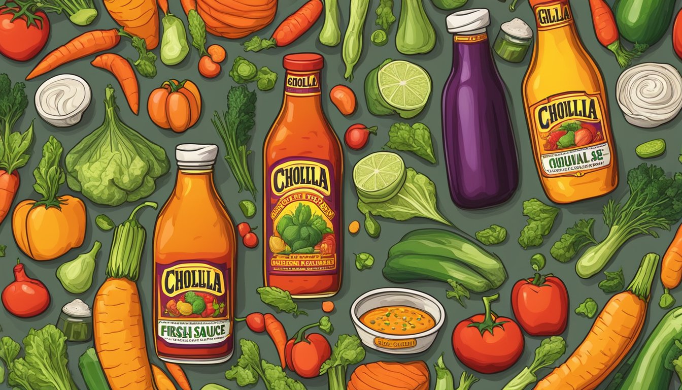 A colorful array of fresh vegetables surrounded by bottles of Cholula Original Hot Sauce, showcasing the perfect combination for vegan and vegetarian dishes