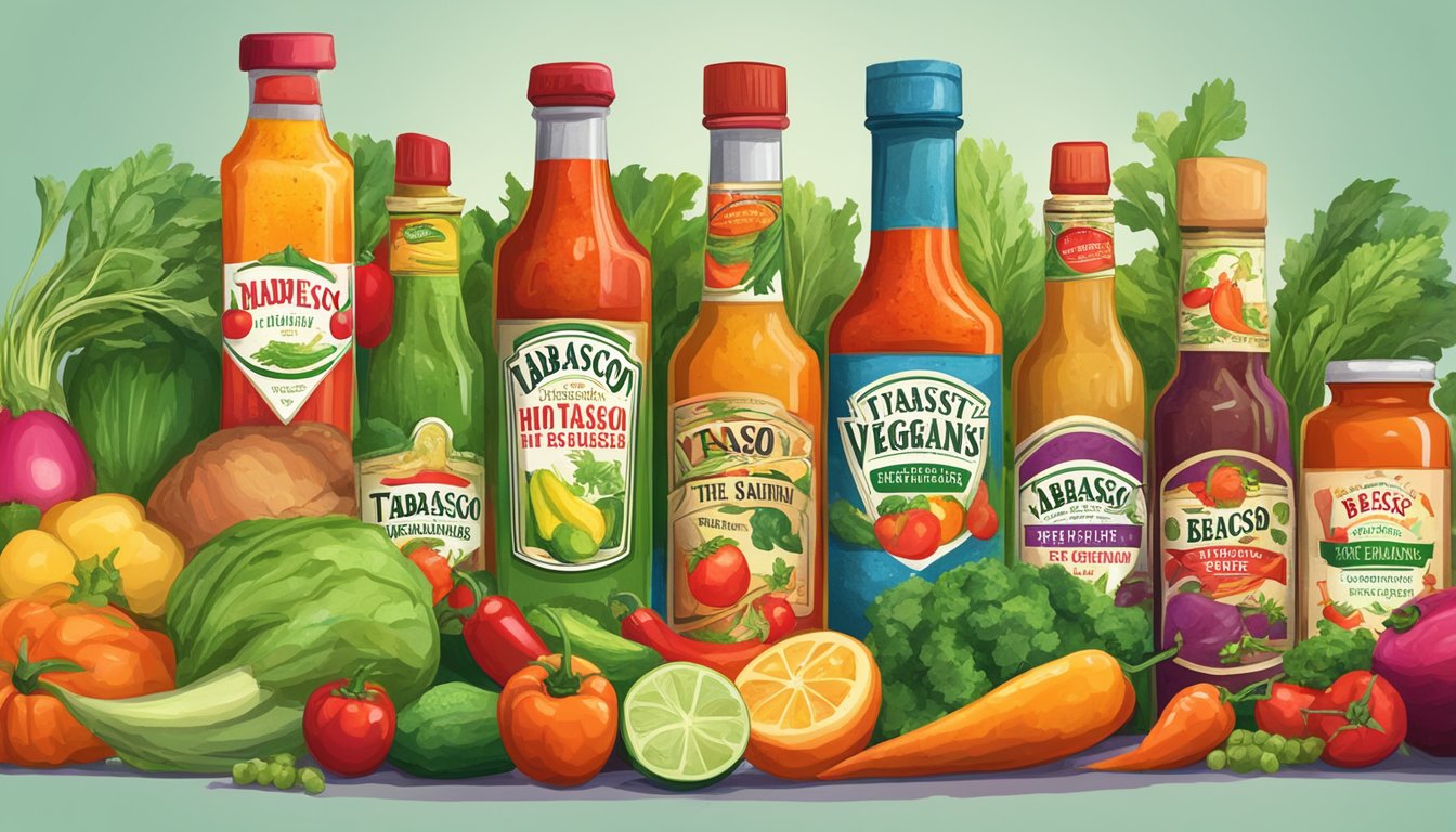 A variety of fresh vegetables and fruits surrounded by bottles of Tabasco Pepper Sauce, with a banner declaring "The best hot sauces for vegans and vegetarians."