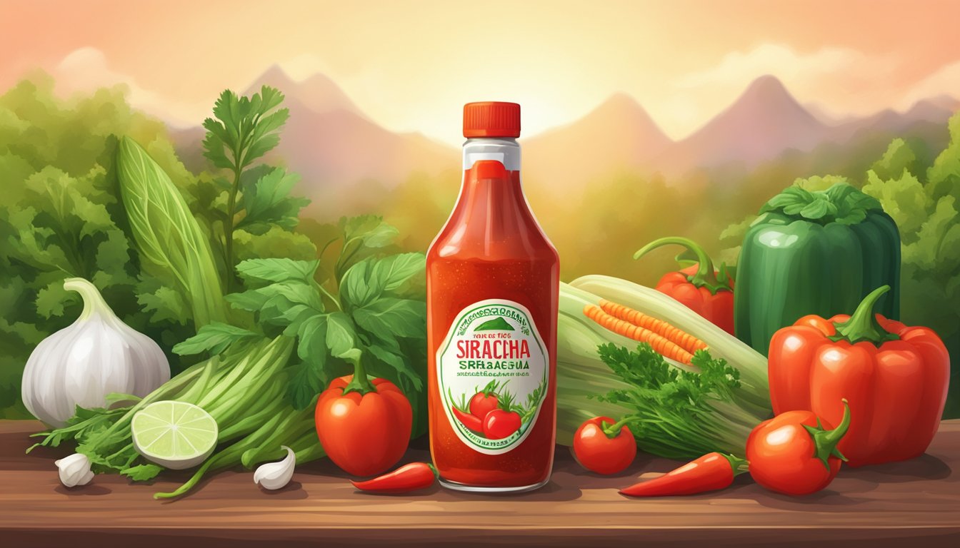 A bottle of Sriracha Hot Chili Sauce surrounded by fresh vegetables and herbs, with a vibrant and inviting atmosphere