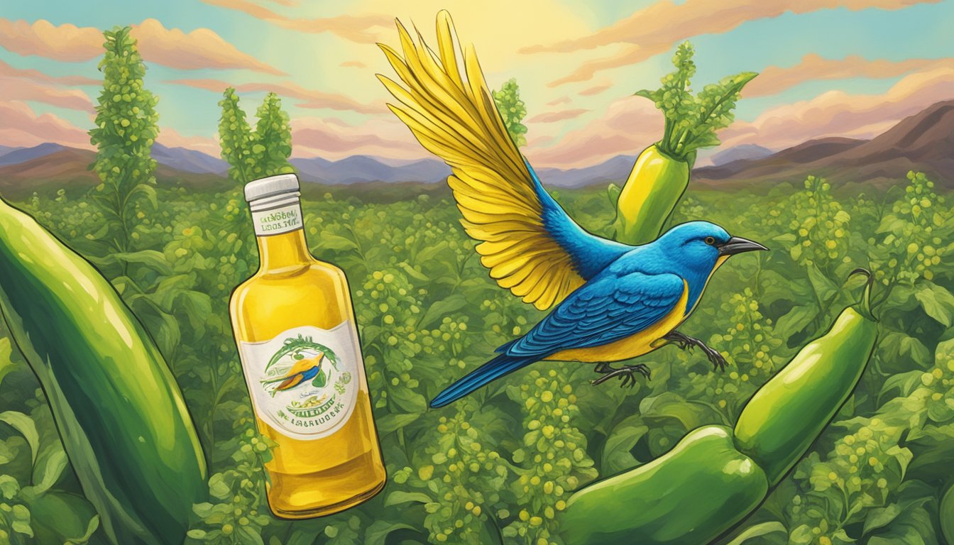 A vibrant yellowbird flying over a field of jalapeño plants with a bottle of condiment in the foreground